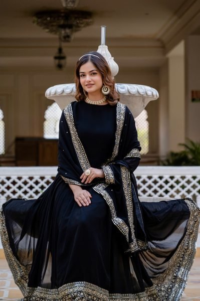 Versatile Black Faux Blooming Gown with Sequins Work for Party Wear Kurti With Dupatta Wholesale