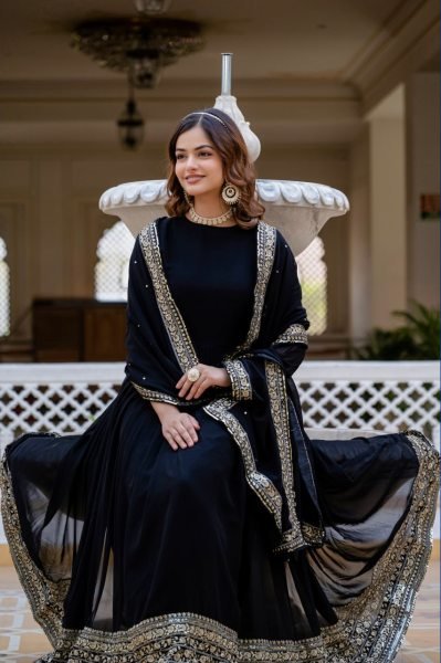 Versatile Black Faux Blooming Gown with Sequins Work for Party Wear Kurti With Dupatta Wholesale