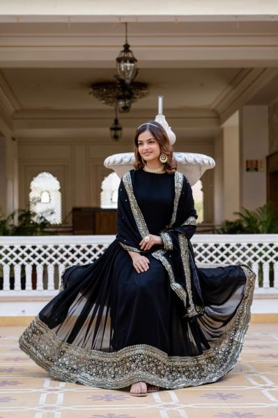 Versatile Black Faux Blooming Gown with Sequins Work for Party Wear Kurti With Dupatta Wholesale