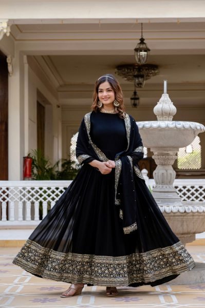Versatile Black Faux Blooming Gown with Sequins Work for Party Wear Kurti With Dupatta Wholesale