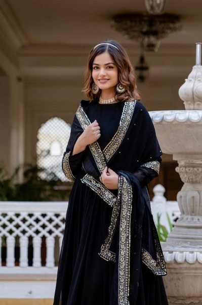 Versatile Black Faux Blooming Gown with Sequins Work for Party Wear Kurti With Dupatta Wholesale