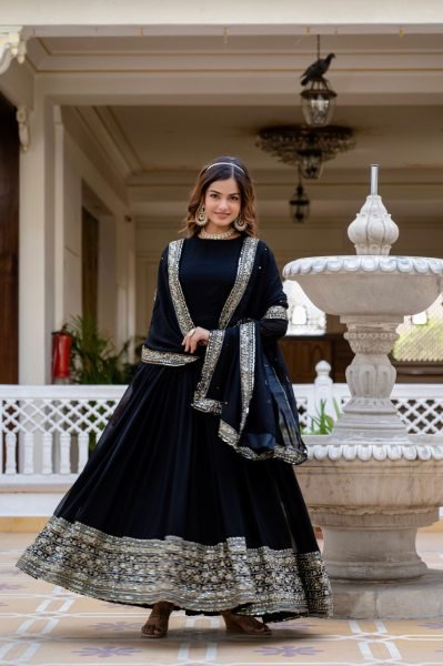 Versatile Black Faux Blooming Gown with Sequins Work for Party Wear Kurti With Dupatta Wholesale