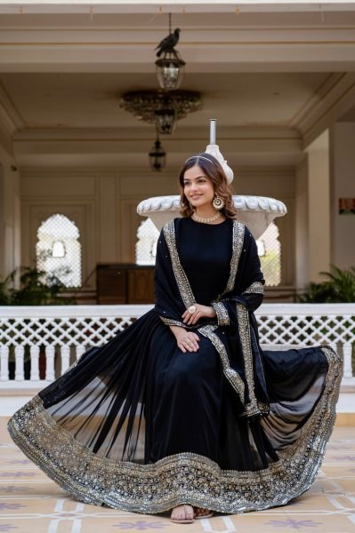 Versatile Black Faux Blooming Gown with Sequins Work for Party Wear Kurti With Dupatta Wholesale