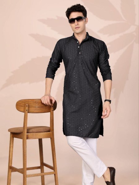 Versatile Black Plain Cotton Kurta with Heavy Embroidery for Men Festive Collection 