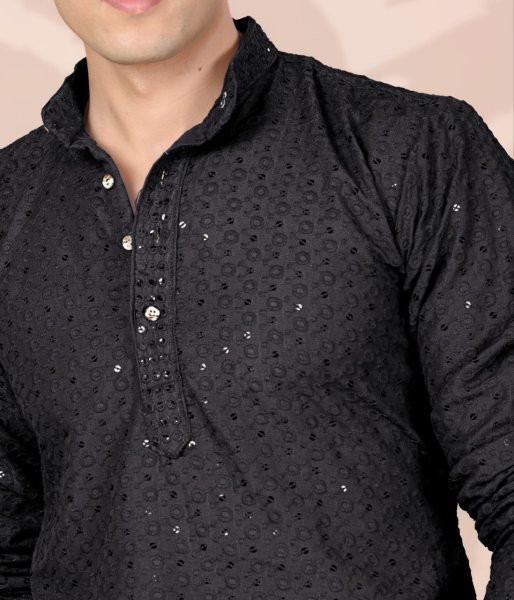 Versatile Black Plain Cotton Kurta with Heavy Embroidery for Men Festive Collection Kurta Pajama Wholesale