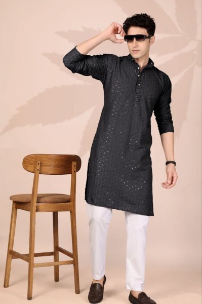 Versatile Black Plain Cotton Kurta with Heavy Embroidery for Men Festive Collection Kurta Pajama Wholesale
