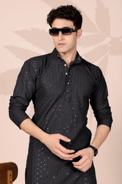 Versatile Black Plain Cotton Kurta with Heavy Embroidery for Men Festive Collection Kurta Pajama Wholesale