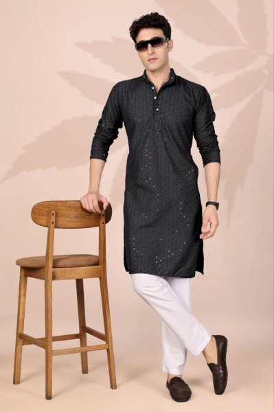Versatile Black Plain Cotton Kurta with Heavy Embroidery for Men Festive Collection Kurta Pajama Wholesale