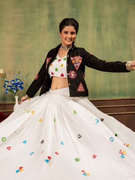 Versatile Black Rayon Cotton 3 Piece Lehenga Set with Designer Denim Jacket For Ramjat 