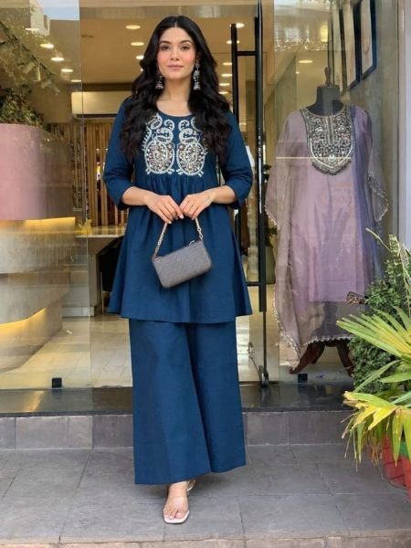 Versatile Blue Designer Cotton Embroidered Cord Set for Festive Wear 