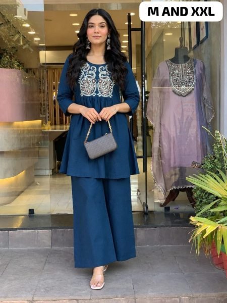 Versatile Blue Designer Cotton Embroidered Cord Set for Festive Wear CO ORD Sets