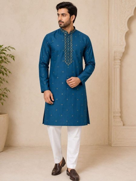 Versatile Blue Designer Rayon Slub Kurta with Fully Stitched Cotton Pajama for Men 