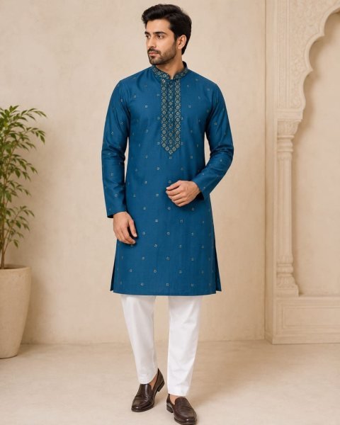 Versatile Blue Designer Rayon Slub Kurta with Fully Stitched Cotton Pajama for Men Kurta Pajama Wholesale