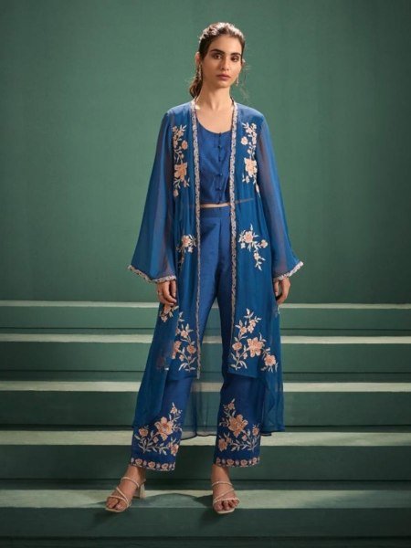 Versatile Blue Pure Georgette Jacket with Mal Chanderi Suit Set For Party 