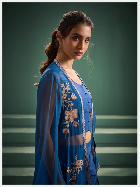 Versatile Blue Pure Georgette Jacket with Mal Chanderi Suit Set For Party Embroidery Suits Wholesale