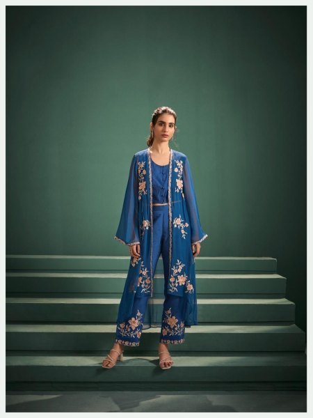 Versatile Blue Pure Georgette Jacket with Mal Chanderi Suit Set For Party Embroidery Suits Wholesale