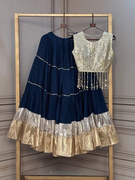 Versatile Blue Traditional Gujarati Lehenga Choli with Designer Round Neck Blouse For Dandhiya  Navratri Lehnega Choli