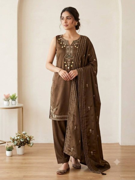 Versatile Brown Coss Moss Kurti Salwar Dupatta Set with Sequins Embroidery Ready To Wear Suit