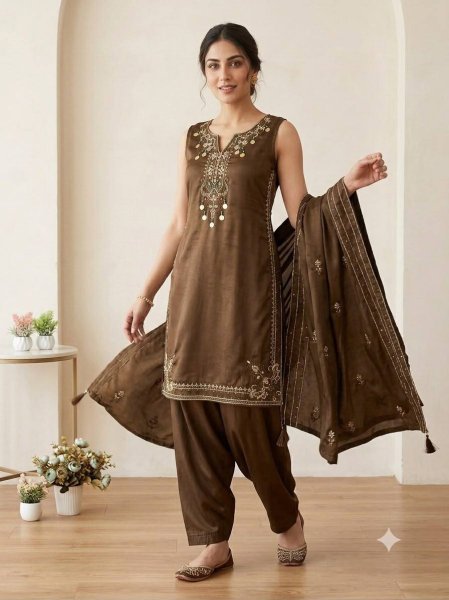 Versatile Brown Coss Moss Kurti Salwar Dupatta Set with Sequins Embroidery Ready To Wear Collection