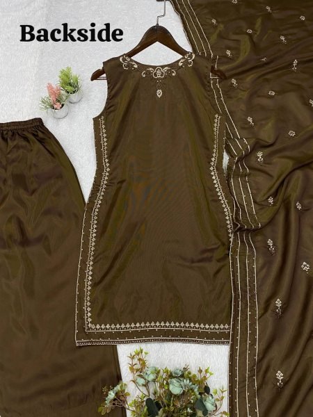 Versatile Brown Coss Moss Kurti Salwar Dupatta Set with Sequins Embroidery Ready To Wear Collection