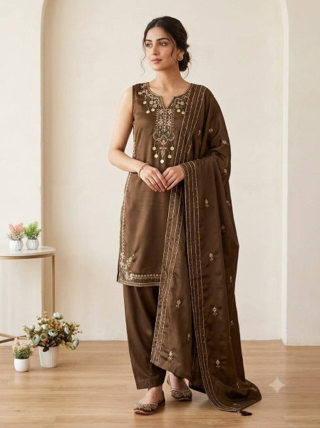 Versatile Brown Coss Moss Kurti Salwar Dupatta Set with Sequins Embroidery Ready To Wear Collection