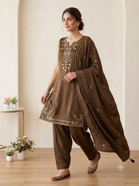 Versatile Brown Coss Moss Kurti Salwar Dupatta Set with Sequins Embroidery Ready To Wear Collection
