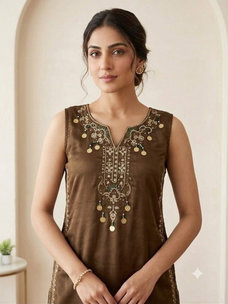 Versatile Brown Coss Moss Kurti Salwar Dupatta Set with Sequins Embroidery Ready To Wear Collection
