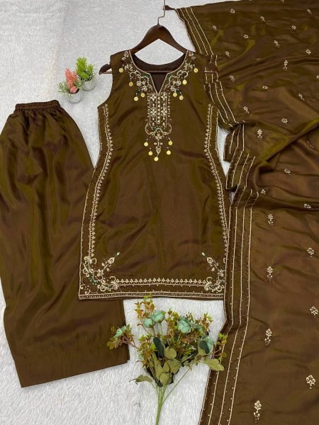 Versatile Brown Coss Moss Kurti Salwar Dupatta Set with Sequins Embroidery Ready To Wear Collection