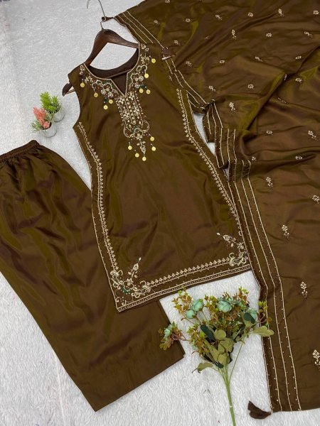 Versatile Brown Coss Moss Kurti Salwar Dupatta Set with Sequins Embroidery Ready To Wear Collection