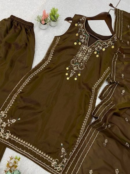 Versatile Brown Coss Moss Kurti Salwar Dupatta Set with Sequins Embroidery Ready To Wear Collection