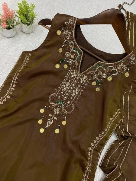 Versatile Brown Coss Moss Kurti Salwar Dupatta Set with Sequins Embroidery Ready To Wear Collection