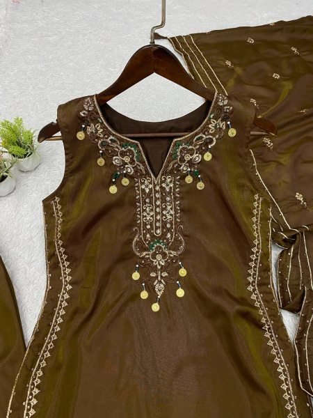 Versatile Brown Coss Moss Kurti Salwar Dupatta Set with Sequins Embroidery Ready To Wear Collection