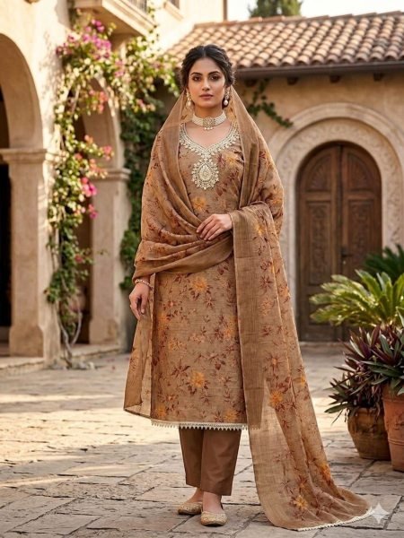 Versatile Brown Erode Silk Printed Dress Material with Cording Sequence Work 
