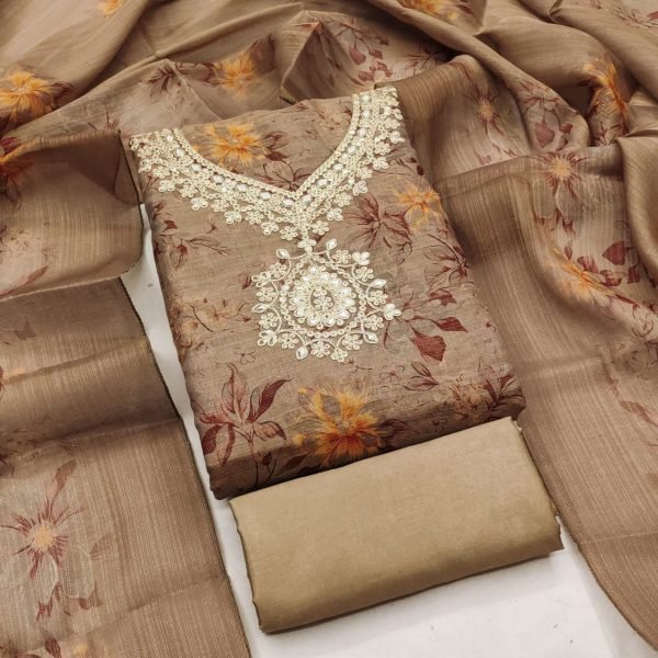 Versatile Brown Erode Silk Printed Dress Material with Cording Sequence Work Punjabi Dress Materials Wholesale