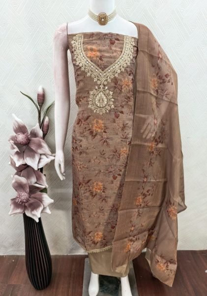 Versatile Brown Erode Silk Printed Dress Material with Cording Sequence Work Punjabi Dress Materials Wholesale