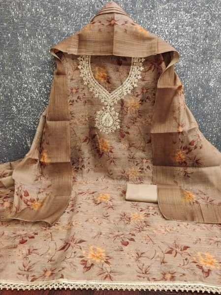 Versatile Brown Erode Silk Printed Dress Material with Cording Sequence Work Punjabi Dress Materials Wholesale