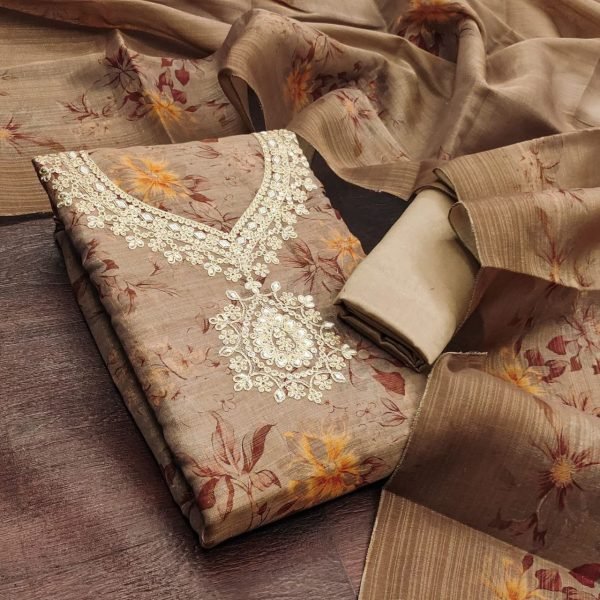 Versatile Brown Erode Silk Printed Dress Material with Cording Sequence Work Punjabi Dress Materials Wholesale