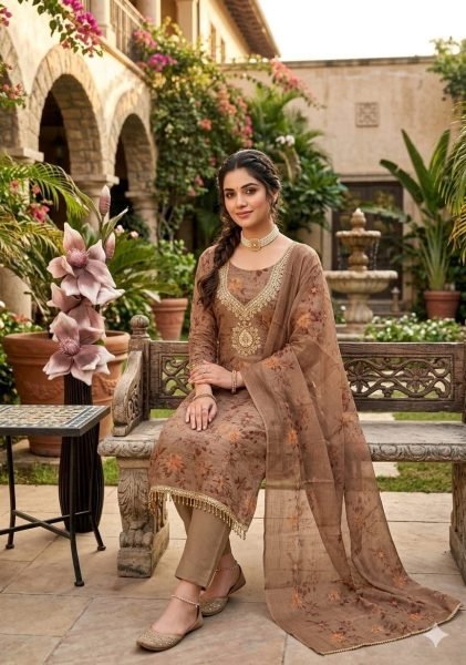 Versatile Brown Erode Silk Printed Dress Material with Cording Sequence Work Punjabi Dress Materials Wholesale