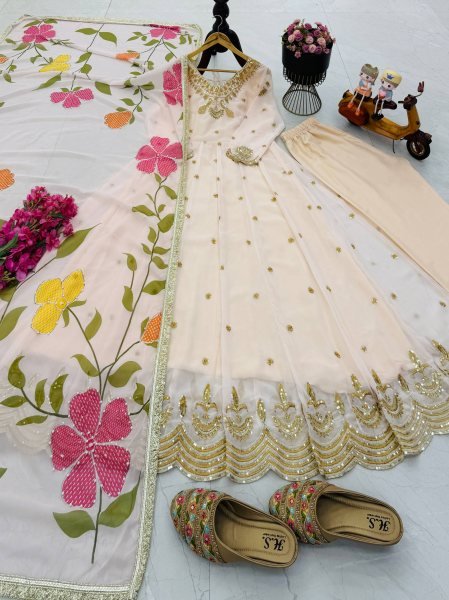 Versatile Cram Fox Georgette Gown Pant Set with Sequins Embroidery Dupatta Ready To Wear Collection
