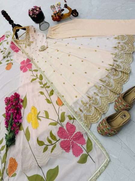 Versatile Cram Fox Georgette Gown Pant Set with Sequins Embroidery Dupatta Ready To Wear Collection