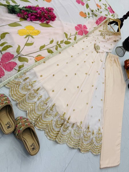Versatile Cram Fox Georgette Gown Pant Set with Sequins Embroidery Dupatta Ready To Wear Collection