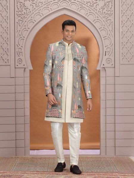 Versatile Cream Party Wear Kurta Pajama Set with Computer Thread Embroidery Style Mens Wear