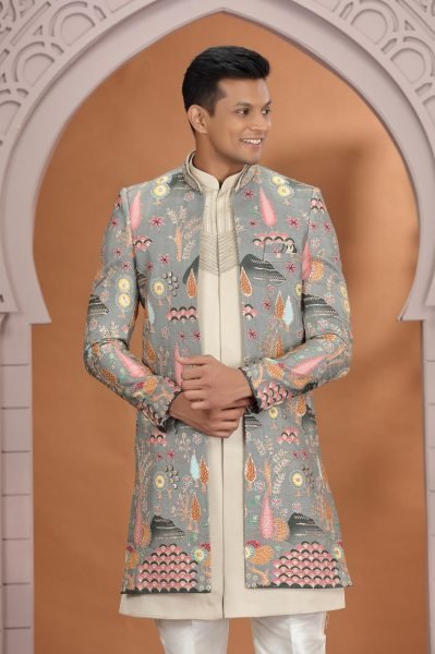Versatile Cream Party Wear Kurta Pajama Set with Computer Thread Embroidery Style Kurta Pajama Wholesale