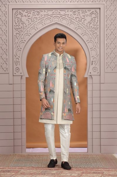 Versatile Cream Party Wear Kurta Pajama Set with Computer Thread Embroidery Style Kurta Pajama Wholesale