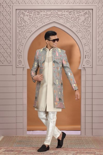 Versatile Cream Party Wear Kurta Pajama Set with Computer Thread Embroidery Style Kurta Pajama Wholesale