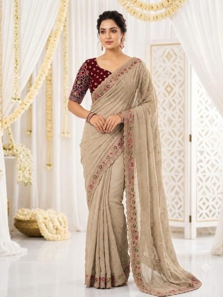 Versatile Cream Star Georgette Saree with Multi Embroidery Work For Wedding Sarees 