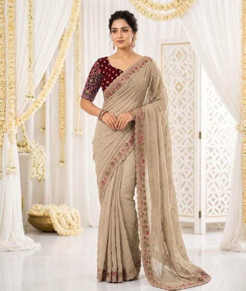 Versatile Cream Star Georgette Saree with Multi Embroidery Work For Wedding Embroidery Sarees Wholesale