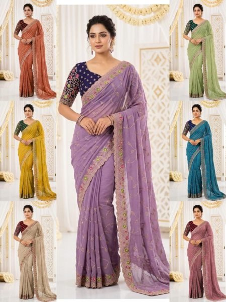 Versatile Cream Star Georgette Saree with Multi Embroidery Work For Wedding Embroidery Sarees Wholesale