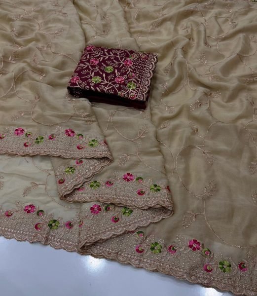 Versatile Cream Star Georgette Saree with Multi Embroidery Work For Wedding Embroidery Sarees Wholesale