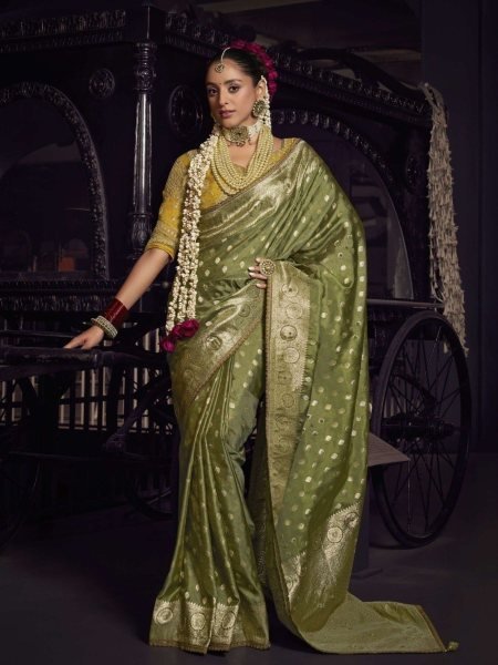 Versatile Dark Green Viscose Tissue Handworked Pallu Saree Banarasi Saree Wholesale